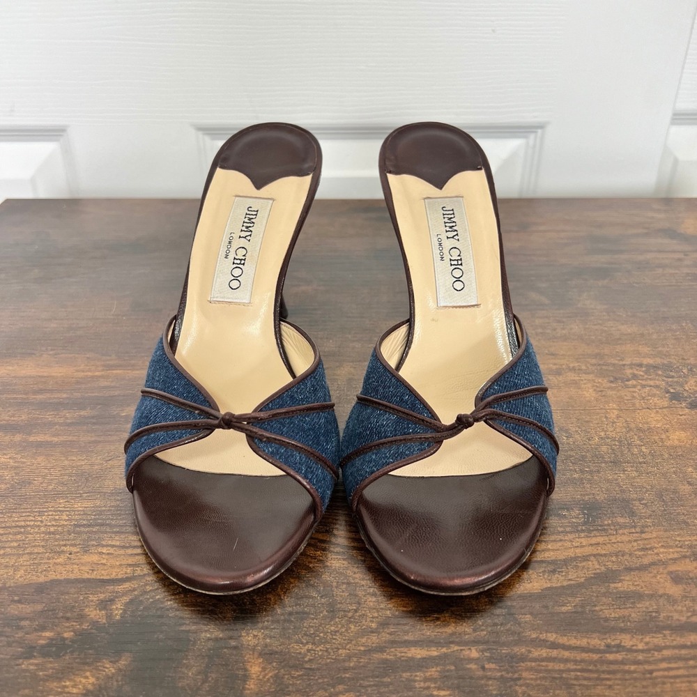 Jimmy Choo Mules Womens EU39/US9 Blue Brown Denim Leather Stiletto Heels Italian
